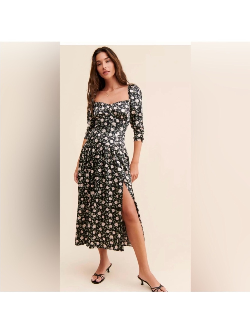 ASTR the Label - Sweetheart Black Satin Floral Midi Dress Romantic Coquette -Lg